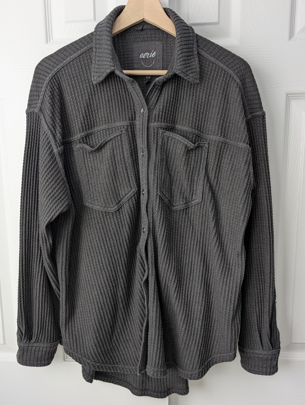 Aerie Lumberjane Waffle Button Up Shirt Smoked Gray Oversize Lounge Boho Seze XS